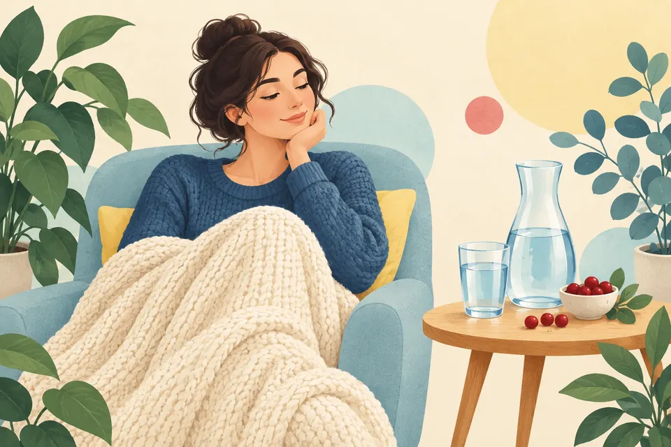 Femme détendue dans un fauteuil, enveloppée d’un plaid, avec une carafe d’eau et un verre, parmi des plantes et des formes douces.