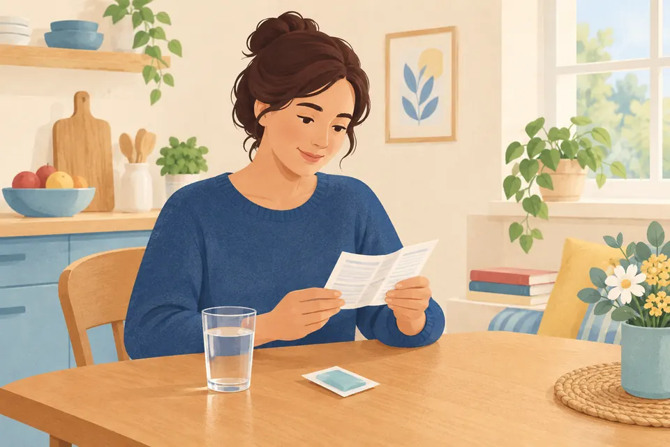 Une femme chez elle lit les consignes d’un traitement, avec un verre d’eau posé sur la table dans une scène calme.