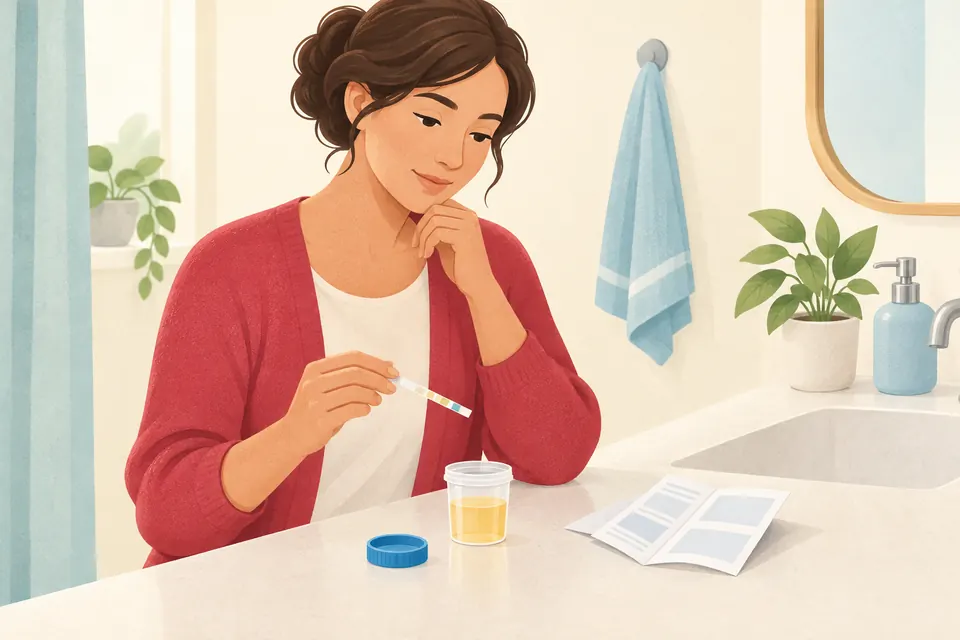 Une femme chez elle prépare un test urinaire sur le bord d’un lavabo, avec un récipient propre et une bandelette.