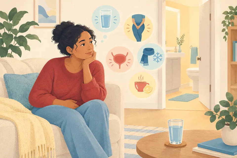 Illustration d’une personne chez elle, près d’un verre d’eau, évoquant avec calme les brûlures en urinant et leurs différentes causes.