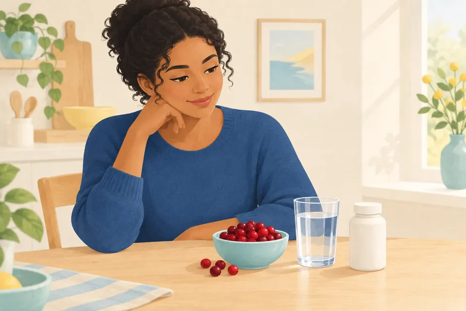 Une femme à sa table de cuisine observe des canneberges, un verre d’eau et un flacon de complément sans étiquette.