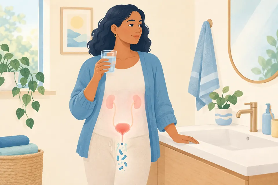 Illustration d’une femme chez elle avec un verre d’eau et une représentation discrète de la vessie et du trajet urinaire.