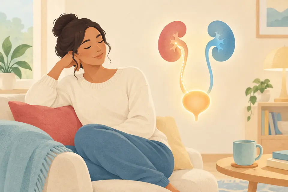 Illustration apaisante d’une femme chez elle, avec une vessie et des reins stylisés pour évoquer les complications possibles.