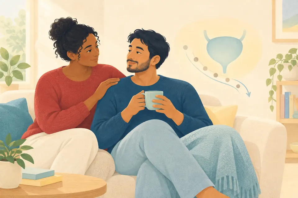Deux partenaires échangent un geste de soutien à la maison, avec une illustration discrète évoquant la vessie et les bactéries.