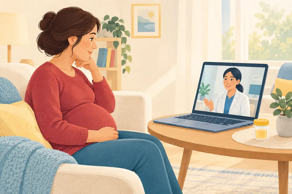 Une femme enceinte échange avec un professionnel de santé à distance, près d’un flacon d’analyse d’urines posé sur une table.