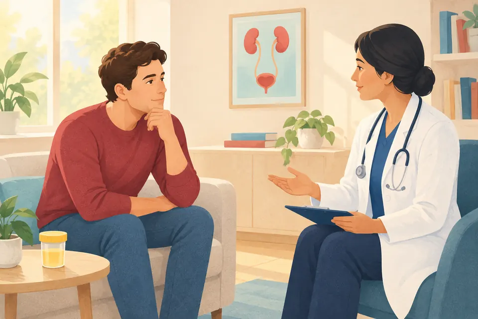 Un homme échange calmement avec un médecin lors d’une consultation, un flacon de prélèvement posé discrètement à proximité.