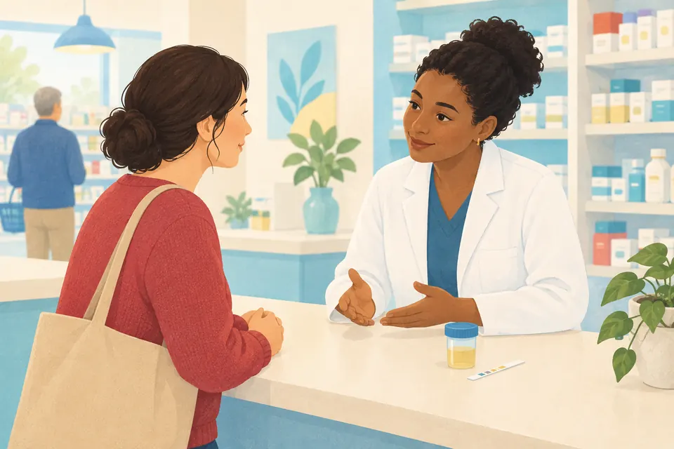 Une femme échange avec une pharmacienne au comptoir, près d’un flacon d’urine et d’une bandelette de test.