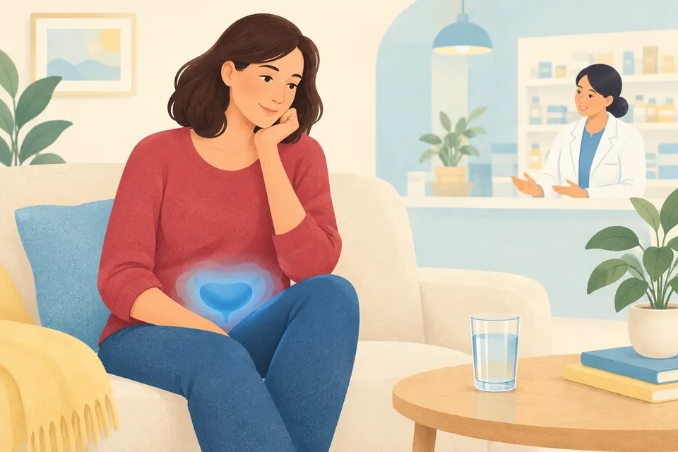 Une femme au calme chez elle réfléchit à ses symptômes urinaires, tandis qu’un pharmacien apparaît en arrière-plan.