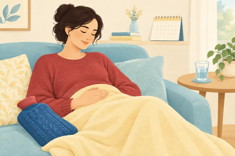 Une femme se repose chez elle avec une bouillotte sur le bas-ventre, tandis qu’un calendrier vierge évoque l’évolution des symptômes.