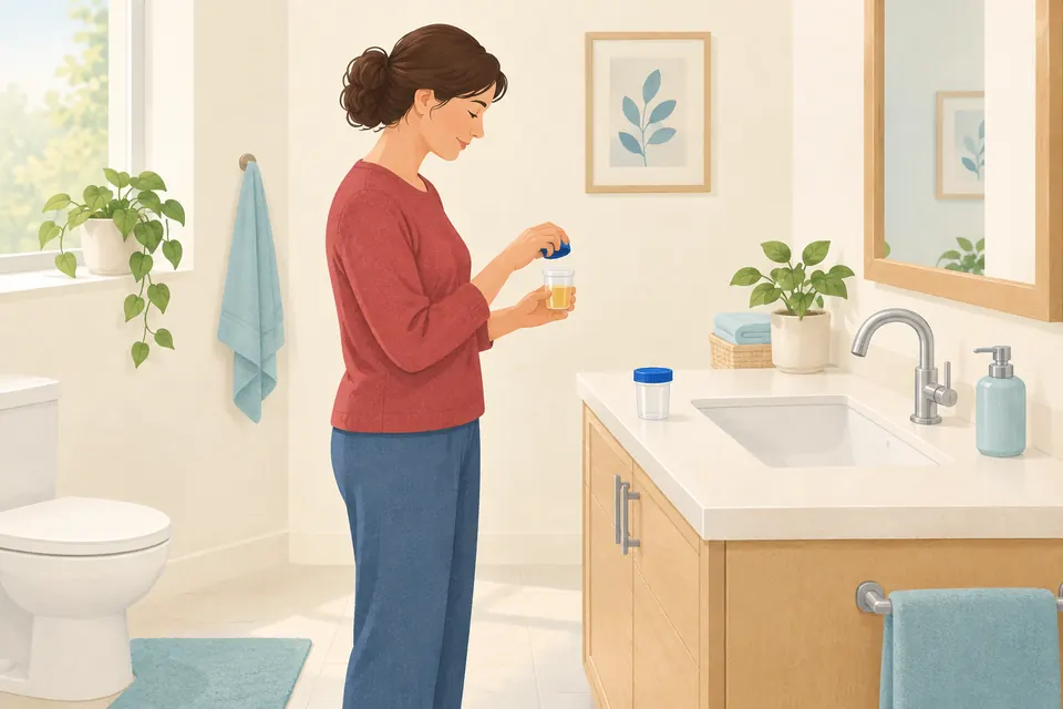 Illustration d’une femme préparant un prélèvement d’urines dans un flacon stérile, dans une salle de bains lumineuse.