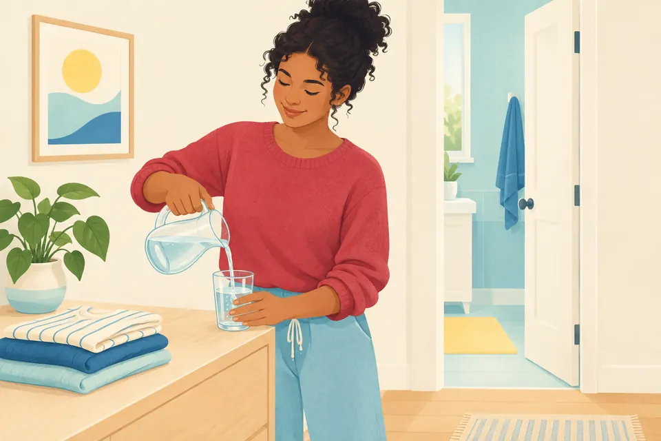 Une femme boit un verre d’eau dans une maison lumineuse, une scène calme évoquant les gestes simples de prévention.
