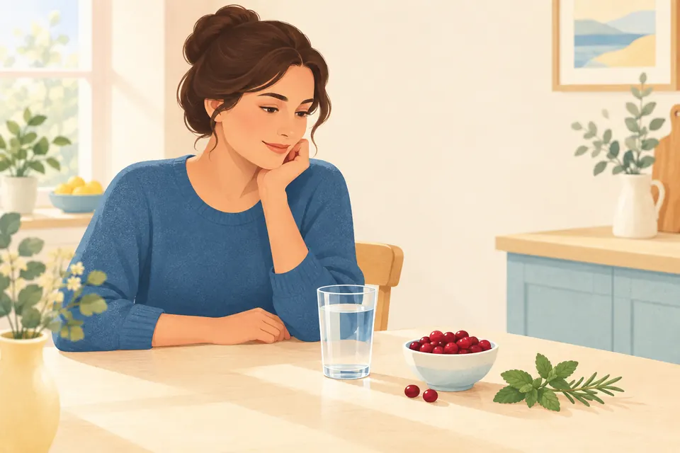 Une femme réfléchit devant un verre d’eau, des canneberges et quelques feuilles, dans une cuisine lumineuse.