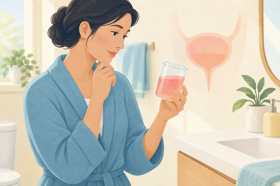 Personne observant des urines rosées dans une salle de bain, avec une vessie stylisée en arrière-plan.