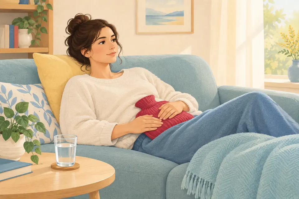 Une femme se repose chez elle avec une bouillotte tiède sur le bas-ventre et un verre d’eau posé à proximité.