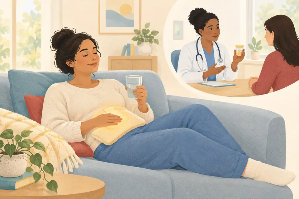 Illustration d’une femme au repos avec un verre d’eau et une bouillotte, tandis qu’un professionnel évoque un examen urinaire.